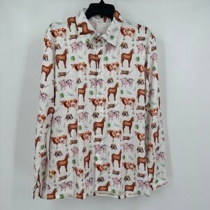 Mens Minimalist Farm Animal Print Shirt Size L Novelty Horse Cow‎ Pig Homestead